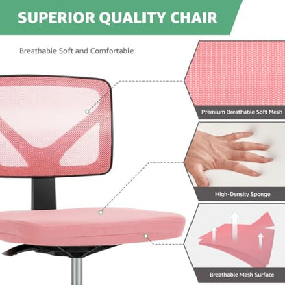 Armless Mesh Office Chair, Ergonomic Low Back Deskchair, Adjustable Rolling Task Computer Swivelchairs for Small Spaces Home Bedroom Study, Pink - color: Pink