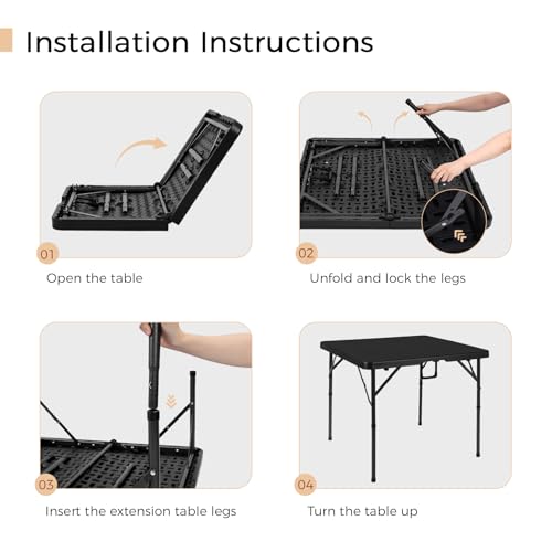 pollilar 34" Folding Card Table Square Portable with Detachable Legs Black | Foldable Table Plastic Dual Height Adjustable Heavy Duty Indoor Outdoor Dining Game Camping Picnic Mahjong Tables - color: Black
