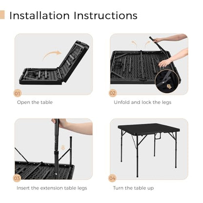 pollilar 34" Folding Card Table Square Portable with Detachable Legs Black | Foldable Table Plastic Dual Height Adjustable Heavy Duty Indoor Outdoor Dining Game Camping Picnic Mahjong Tables - color: Black