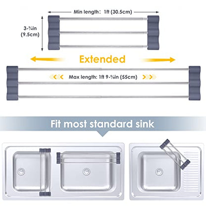 Tomorotec Adjustable Over-The-Sink Kitchen Rack, BPA-Free, Deep Gray | Holds 16.5 Lbs; For Dishcloths, Sponges, and Brushes - Heat-Resistant Stainless Steel with Slim, Expandable Design - color: Deep Gray