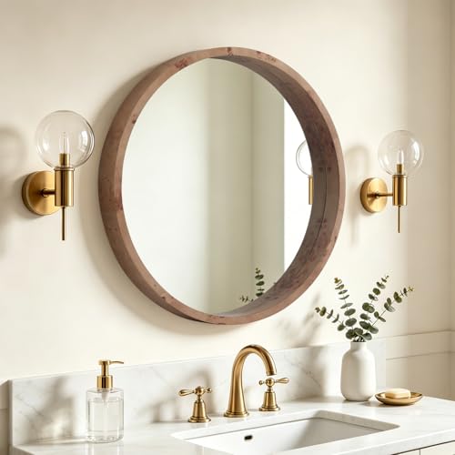 24 Inch Round Wood Mirror, Burlwood Grain Wood Frame Circle Mirror, Versatile Wall Decor for Bathroom Vanity, Living Room, Bedroom and Entryway, Natural - size: 24"L x 24"W