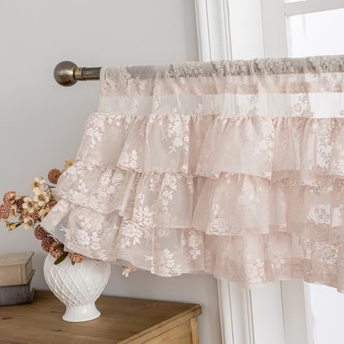 Kotile Blush Pink Ruffle Lace Valance for Windows W52 x L18 Inch, 1 Panel | Rod Pocket, Gathered Lace Adds Depth, Softens Sun, Vintage Rustic Floral, Coquette Style, Petite Layered Edge, Privacy - color: Blush Pink - Ruffle Lace