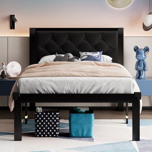 Feonase Twin Size Metal Bed Frame with Faux Leather Button Tufted Headboard, Heavy-Duty Platform Bed Frame with 12" Storage, Steel Slats Support, No Box Spring Needed, Noise Free, Matte Black - color: Matte Black, size: Twin