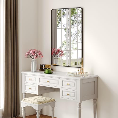 Krymnar 36"x24" Bathroom Vanity Mirror Over Sink, Black Rectangular Aluminum Frame with Rounded Corner(Small-Radius), HD Shatterproof Glass & Rust-Proof Wall Mirror for Bedroom, Living Room, Entryway - size: 36"L x 24"W