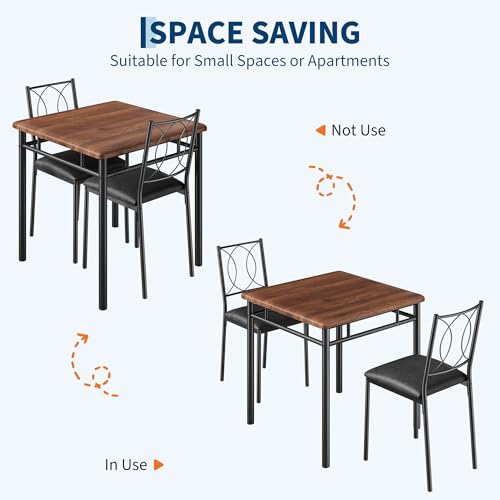 IDEALHOUSE Space-Saving Dining Table Set for 2, 3-Piece Farmhouse Wood | Table & Upholstered Chairs – Easy to Clean, Compact Apartment Furniture – Ideal for Small Spaces – Walnut Color - color: Walnut