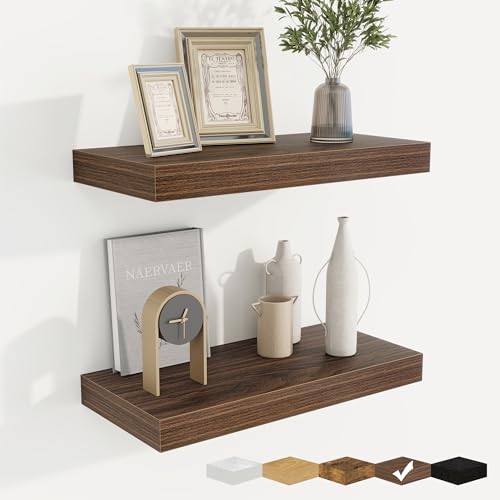 fuqing Floating Shelves for Wall, Wall Mounted Wood Floating Shelf with Invisible Brackets for Living Room, Bathroom, Bedroom, Kitchen Storage and Decor, 16 Inch Set of 2, Walnut - color: Walnut, size: 16"W x 6.5"D , 2 Pack