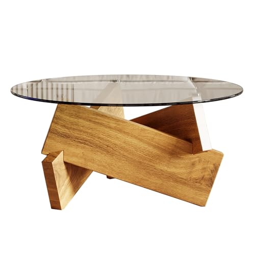 Honyee Modern Round Coffee Table, 30.7" x 30.7" x 16.1" Tempered Glass Top for Living Room, Color: Natural Wood - color: Natural Wood