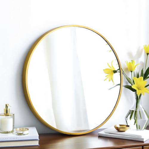 SCWF-GZ 20" Round Mirror Circle Wall Mounted Hanging/Against Wall Gold | HD Crystal Clear No distortion Tempered Glass,Aluminum Frame,Make-Up Mirrors for Bedroom,Entryway,Bathroom,Living Room - color: Gold, size: 20"L x 20"W