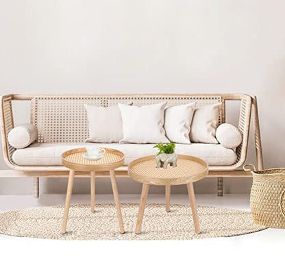 Round Coffee Table Set of 2, Natural Boho Coffee Tables, Small Mid Century Modern Rattan Coffee Table, Boho Side Table End Tables for Living Room Bedroom Office - color: Natural Walnut - Set