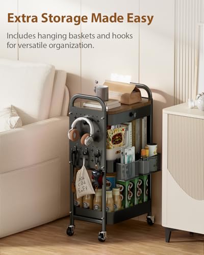 ALVOROG 3 Tier Metal Rolling Cart with Drawer,Wood Top,Pegboards,Black | Storage Utility Cart with Drawers,Pegboards,Lockable Wheels,Baskets,Hooks for Kitchen,Office,Bedroom,DIY Supplies - color: Black
