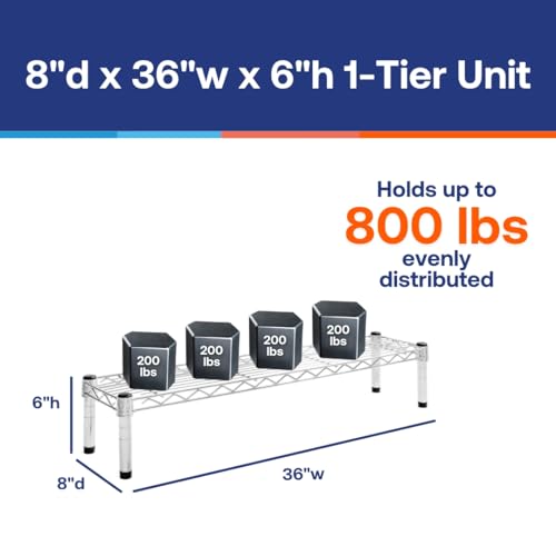 Shelving Inc. 8" d x 36" w Chrome Wire Shelving with 1 Tier Shelf | Weight Capacity 800lbs Per Shelf, Durable Kitchen and Garage Storage Shelves, Adjustable Shelf Organizer Storage Rack - size: 8" d x 36" w x 6" h
