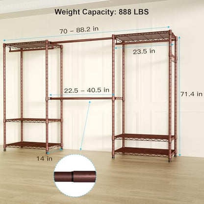 E1 Heavy Duty Closet Garment Rack, 6 Tiers Adjustable Clothes Rack | Bronze Freestanding Expandable Clothing Storage with 4 Hanger Rods, Easy to Assemble Wardrobe System - color: Bronze