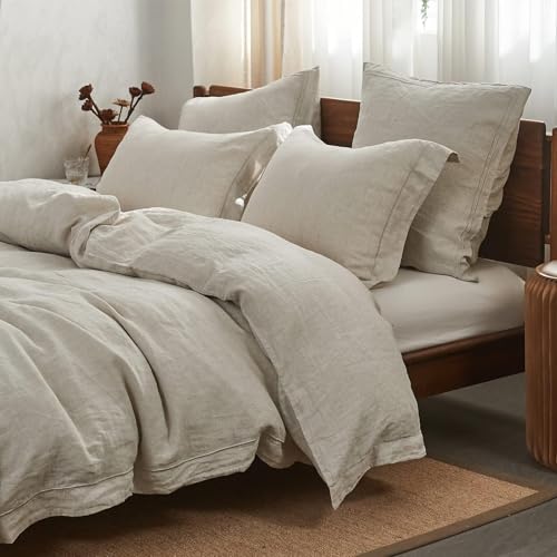 Simple&Opulence 100% Linen Duvet Cover Set with Embroidery Border Washed - 3 Pieces (1 Duvet Cover with 2 Pillow Shams) with Button Closure Soft Breathable Farmhouse - Linen, Queen Size - color: Linen, size: Queen