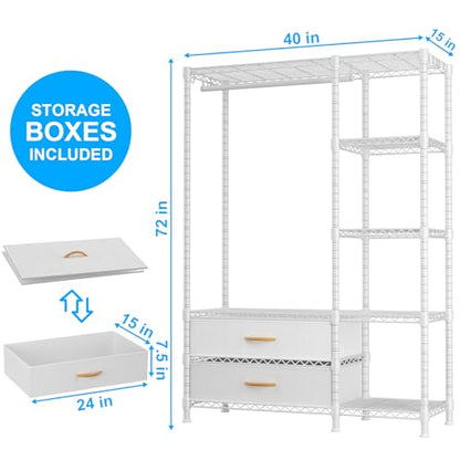F3 Heavy Duty Clothes Rack（With Fabric Drawers）Freestanding Clothing Racks for Hanging Clothes，Adjustable Closet Organizer System，Portable Garment Rack 40" W x 15" D x 72" H，Max Load 700LBS，White - color: White, style: Freestanding