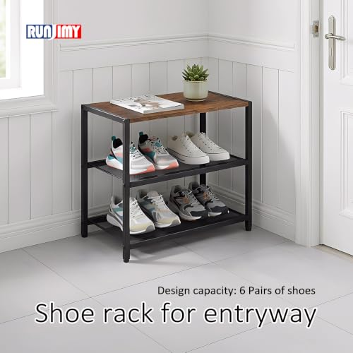 Small Narrow Shoe Rack for Entryway, 3-Tier Metal Wood Shoe Shelf | Shoe Storage Organizer, Holds 6 Pairs, Wooden Table Top, Mesh Shelves, for Front Door Entrance Closet Floor Hallway Bedroom - size: 17"D x 10.24"W x 15.75"H