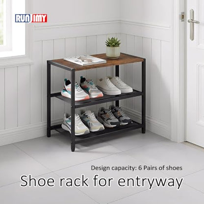 Small Narrow Shoe Rack for Entryway, 3-Tier Metal Wood Shoe Shelf | Shoe Storage Organizer, Holds 6 Pairs, Wooden Table Top, Mesh Shelves, for Front Door Entrance Closet Floor Hallway Bedroom - size: 17"D x 10.24"W x 15.75"H