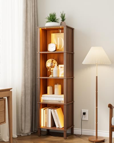 Book Shelf with LED Lights, Modern 4-Tier Bookcase, Open Storage Bookshelf, 11 × 14.2 × 50.4 Inches, Small Narrow Bookshelves for Living Room, Home Office, Bedroom, Walnut - color: Walnut