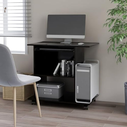 Mobile Computer Desk with Shelf, Matte Black Engineered Wood | Features rollable wheels and a compact rectangular design, ideal for home offices, apartments, and small spaces. - color: Black, size: Compact