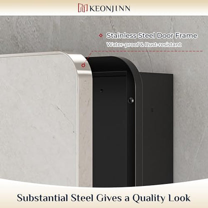 Keonjinn 20 x 32 Inch Chrome Medicine Cabinets for Bathroom with Mirror Adjustable Shelves Stainless Steel Framed Rounded Rectangle Single Door Surface Wall Mounted Silver Bathroom Storage Cabinet | Stainless Steel Framed, Adjustable Shelves, Recessed or