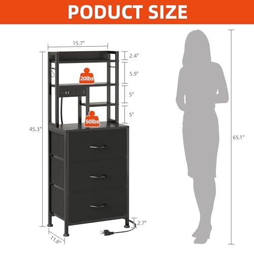 COTUBLR Night Stand, Tall Nightstand with Charging Station and LED Lights, Side Table with 4-Tier Shelves and 3 Fabric Drawers, 45.3" Tall Bedside End Tables for Bedroom, Hallway, Office, Black - color: Black