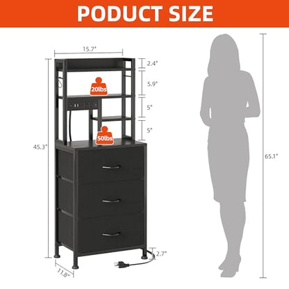 COTUBLR Night Stand, Tall Nightstand with Charging Station and LED Lights, Side Table with 4-Tier Shelves and 3 Fabric Drawers, 45.3" Tall Bedside End Tables for Bedroom, Hallway, Office, Black - color: Black