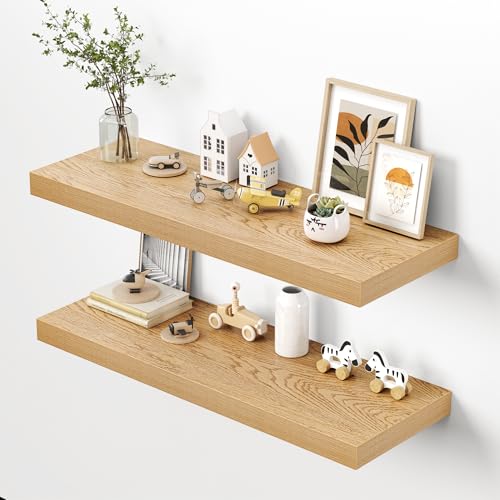 Dreamland 40" Floating Shelves for Wall, 12" Deep Thicker Oak Floating Shelves, Wall-Mounted Shelves for Bedroom, Living Room, Kitchen, Bathroom - Set of 2 - color: Oak, size: 40"W x 12"D x 2"H, Set of 2