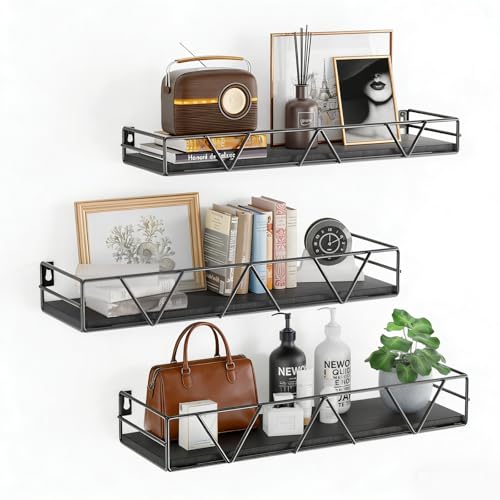 Floating Shelves for Wall Set of 3, Shelf for Home Storage Decor | Wall Mounted Hanging Shelves for Living Room, Bedroom, Bathroom, Kitchen - Black - color: Black