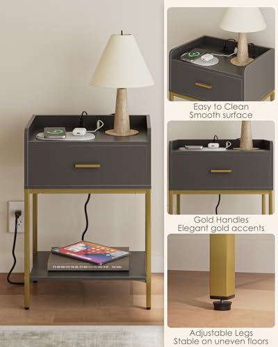 Masupu Nightstand with Charging Station,3-Tier Modern Bedside Night Stand with Storage Drawer and Shelf,Small End Side Table for Bedroom,Living Room,Grey - color: Outlet-grey