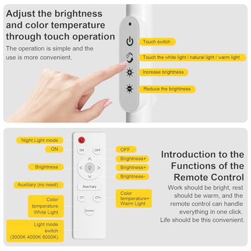 Bright LED Eye-Protecting Reading Floor Lamps with Touch and Remote Dimming 3000-6000k for Eyelash Manicure Craft Drawing Makeup Living Room Bedroom Office, Adjustable Gooseneck Modern Standing Light - color: New White