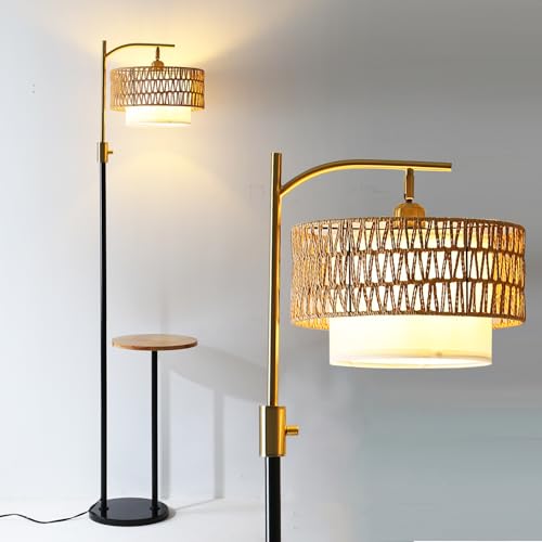 Dimmable Floor Lamp with Table and Marble Base, Arc Floor Lamp with Dimmable Bulb, Boho Farmhouse Standing lamp with Fabric & Rattan Lampshades for Living Room Bedroom (Black and Gold) - color: Black and Gold