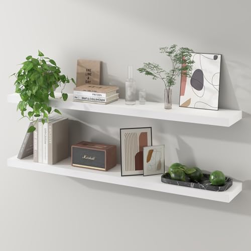 SAUMONIERES 48 Inch Floating Wall Shelves for Bedroom Bathroom Wall Mounted Solid Wood Shelf Storage Decor Set of 2, White Floating Shelves - color: White, size: 48 Inch-2 shelves