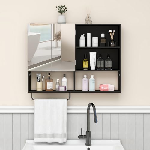 Bathroom Wall Cabinet with Mirror & Towel Bar, Black - color: Black-with Mirror