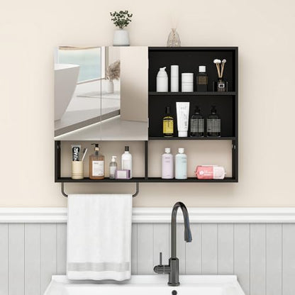 Bathroom Wall Cabinet with Mirror & Towel Bar, Black - color: Black-with Mirror