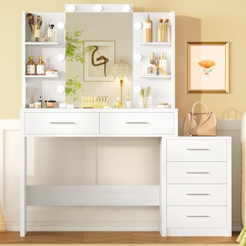 Quimoo 43.3" W Vanity Desk with Mirror and 9 LED Lights, Makeup Vanity with 6 Drawers, 6 Open Shelves, White Vanity for Women Girls, 43.3" W x 13.8" D x 54.3" - color: White 6 Drawers