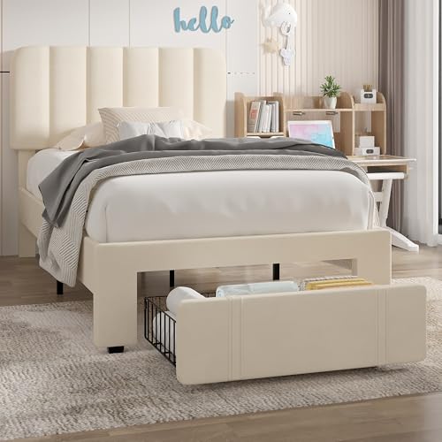 VECELO Twin Size Upholstered Bed Frame with Drawer and Headboard, Velvet Platform Storage Bedframe, Wooden Slats Support, No Box Spring Needed,Bone Beige - color: Bone Beige, size: Twin, style: Bed Frame with Drawer