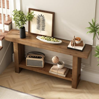 63" Solid Wood Console Table with Thickened Tabletop and Legs | Long Farmhouse Entryway Table, Narrow Behind Couch Skinny Rustic Sofa Table, for Living Room, Hallway, Entry