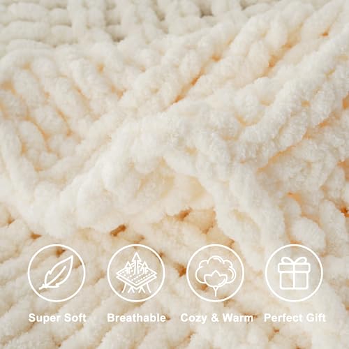 Battilo Chunky Knit Throw Blanket for Couch, 50"x60", White Cream | Hand Knit with Chunky Yarn, Super Soft Chenille Throw Blanket, Cozy Blanket, Farmhouse Throw Blanket for Living Room - color: Cream White
