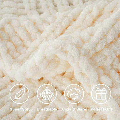 Battilo Chunky Knit Throw Blanket for Couch, 50"x60", White Cream | Hand Knit with Chunky Yarn, Super Soft Chenille Throw Blanket, Cozy Blanket, Farmhouse Throw Blanket for Living Room - color: Cream White