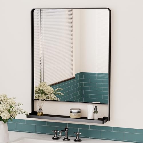 Keonjinn 24 x 32 in Black Bathroom Mirror with Shelf, Rounded Corner | Rust-Resistant, Rectangle Metal Bathroom Vanity Mirror with Storage, French Cleat Mount, Entryway, Bedroom, Hallway, Décor - color: Black, size: 32"L x 24"W