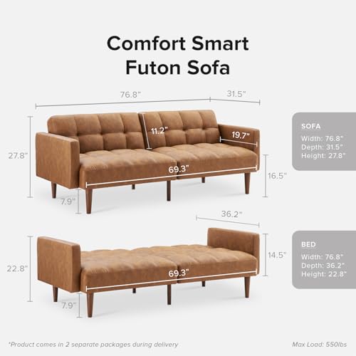 mopio 76.4" Futon Sofa Bed Tufted Styled, Sleeper Couch (Pecan Brown Faux Leather) - color: Aaron Pu, Pecan Brown