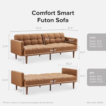 mopio 76.4" Futon Sofa Bed Tufted Styled, Sleeper Couch (Pecan Brown Faux Leather) - color: Aaron Pu, Pecan Brown