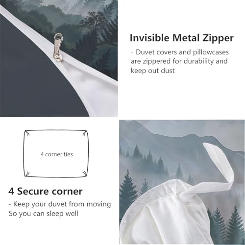 Duvet Cover,Microfiber Reversible Mist-shrouded tranquil forest California King Duvet Cover Set with Zipper Closure,3 Pieces Soft & Breathable Snow Mountain Range Bedding Set with 2 Pillow Shams - size: California King（104 x 98 in）