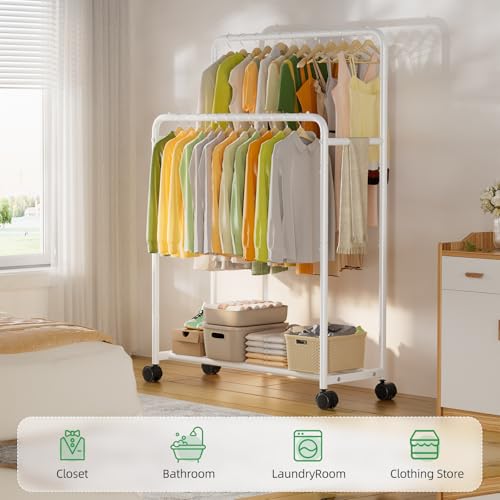 Simple Trending Clothing Clothes Rack, Double Rod Garment Rack, White | Portable Closet with Bottom Shelf, Anti-Slip Stoppers, 360° Lockable Wheels, Multiple Uses, Bedroom, Laundry Room - color: White
