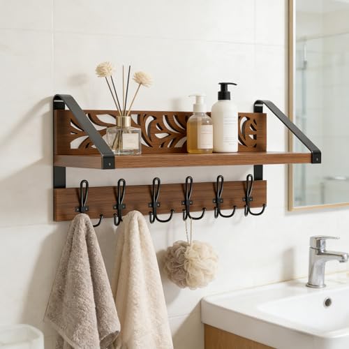 WGFKVAS 2 in 1 Coat Rack Wall Mount with Shelf | 6-Double Hook Wall Hooks with Shelf, Rustic Brown 15" Wood Organizer for Entryway, Living Room, Bedroom, Hallway