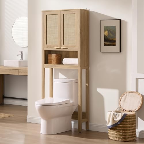 SICOTAS Over the Toilet Storage Cabinet, Rattan Door Bathroom Organizer | Freestanding Bathroom Organizer with Adjustable Shelf, Over Toilet Storage Cabinet for Bathroom, Laundry Room, dnd Restroom - color: Reclaimed Light Oak