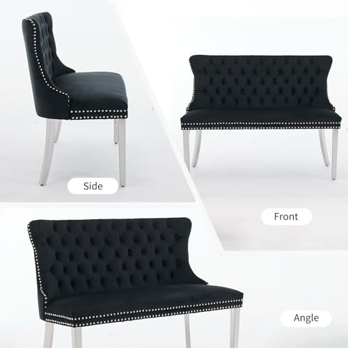 Black Velvet Dining Bench with Back, Tufted Banquette Seating, Silver Legs | Upholstered loveseat bench; tufted back; nailhead trim; 500 lb capacity; foam and spring seat; dining room or entryway - color: Black(silver Stainless Steel Legs)