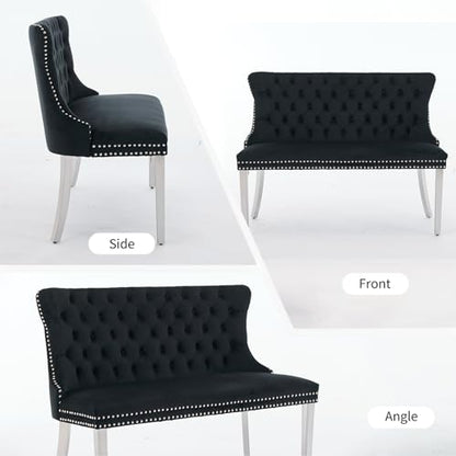 Black Velvet Dining Bench with Back, Tufted Banquette Seating, Silver Legs | Upholstered loveseat bench; tufted back; nailhead trim; 500 lb capacity; foam and spring seat; dining room or entryway - color: Black(silver Stainless Steel Legs)