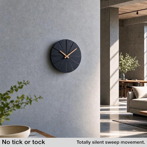 Driini Staircase Modern Wall Clock - Unique Frameless Concrete Design - Contemporary, Minimalist Decor; No Numbers - Silent Battery Operated Clocks with Decorative Wooden Hands (Black + Oak, 10.5″) - color: Black + Oak, size: 10.5″