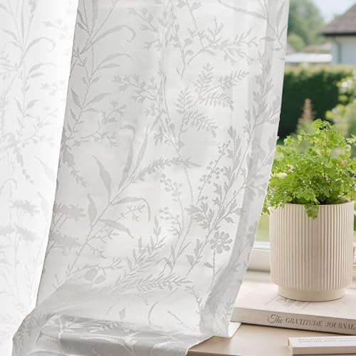 Anmao White Semi Sheer Light Filtering Curtains 63 Inches Long 2 Panels, Leaf Pattern Drapes for Living Room Bedroom, Rod Pocket Sheer Window Treatments with Floral Design, 52x63 Inch - color: White Leaf, size: 52"W x 63"L (Pack of 2)
