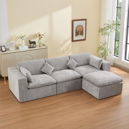 115''Cloud Boneless Sectional Couch, Modular Sectional Sofa Deep Seat with Ottoman, Oversized Upholstered Convertible Comfy 4 Seater Chenille Sofa L Shape Couches for Living Room, Light Grey - color: Light Grey, size: 115"/3 Seater+1 Ottoman